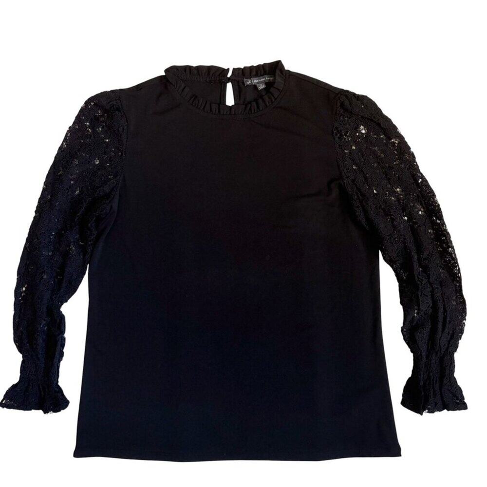 Adrianna Papell Blouse with Ruffle Neck and Lace Sleeves (Black) - Small